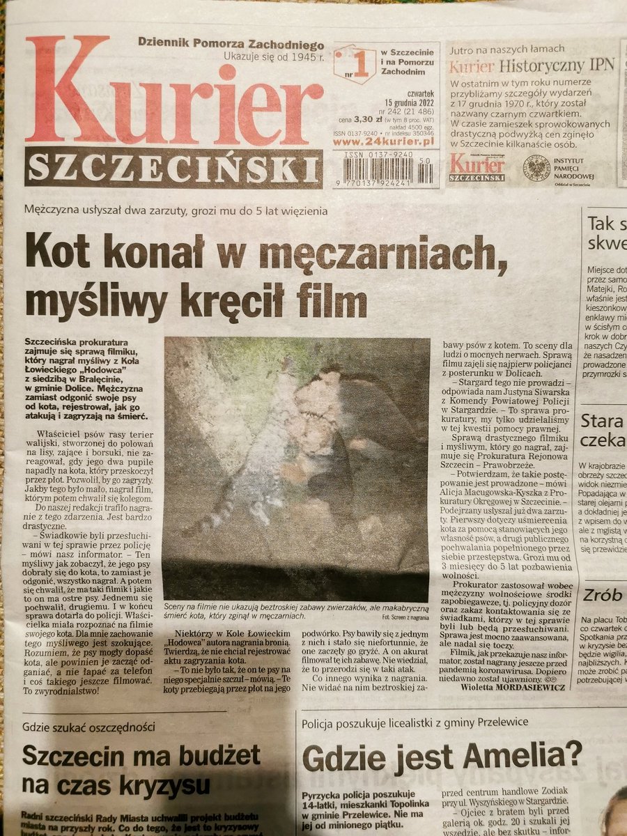 FromThe99039581's tweet photo. Kupiłam dziś Kurier Szczeciński. Jest tam artykuł na pierwszej stronie. Myśliwy nagrał film jak jego psy zagryzają kota na śmierć. Artykuł wstawiam tu⬇️Ten śmieć musi za to zapłacić. Udostępniajcie.Wioska:Bralęcin, gmina Dolice.(blisko Szczecina) #szczecin #dolice #bralęcin #koty https://t.co/sC94kXpQcA