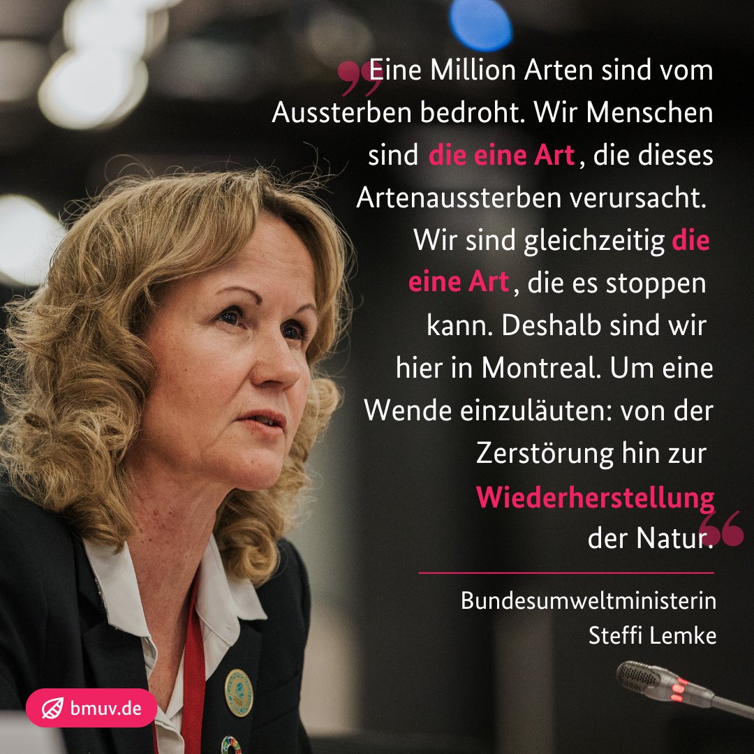 Bundesumweltministerium (@bmuv) on Twitter photo „Wir teilen diese Erde mit mindestens 8 Millionen Tier-, Pilz- und Pflanzenarten. Fast alle davon kämen auch ohne uns Menschen sehr gut zurecht. Wir aber nicht ohne sie.“ – BMin <a href="/SteffiLemke/">SteffiLemke</a> bei ihrem nationalen Statement auf der Weltnaturkonferenz #COP15 bmuv.de/RE10409 „Wir teilen diese Erde mit mindestens 8 Millionen Tier-, Pilz- und Pflanzenarten. Fast alle davon kämen auch ohne uns Menschen sehr gut zurecht. Wir aber nicht ohne sie.“ – BMin <a href="/SteffiLemke/">SteffiLemke</a> bei ihrem nationalen Statement auf der Weltnaturkonferenz #COP15 bmuv.de/RE10409