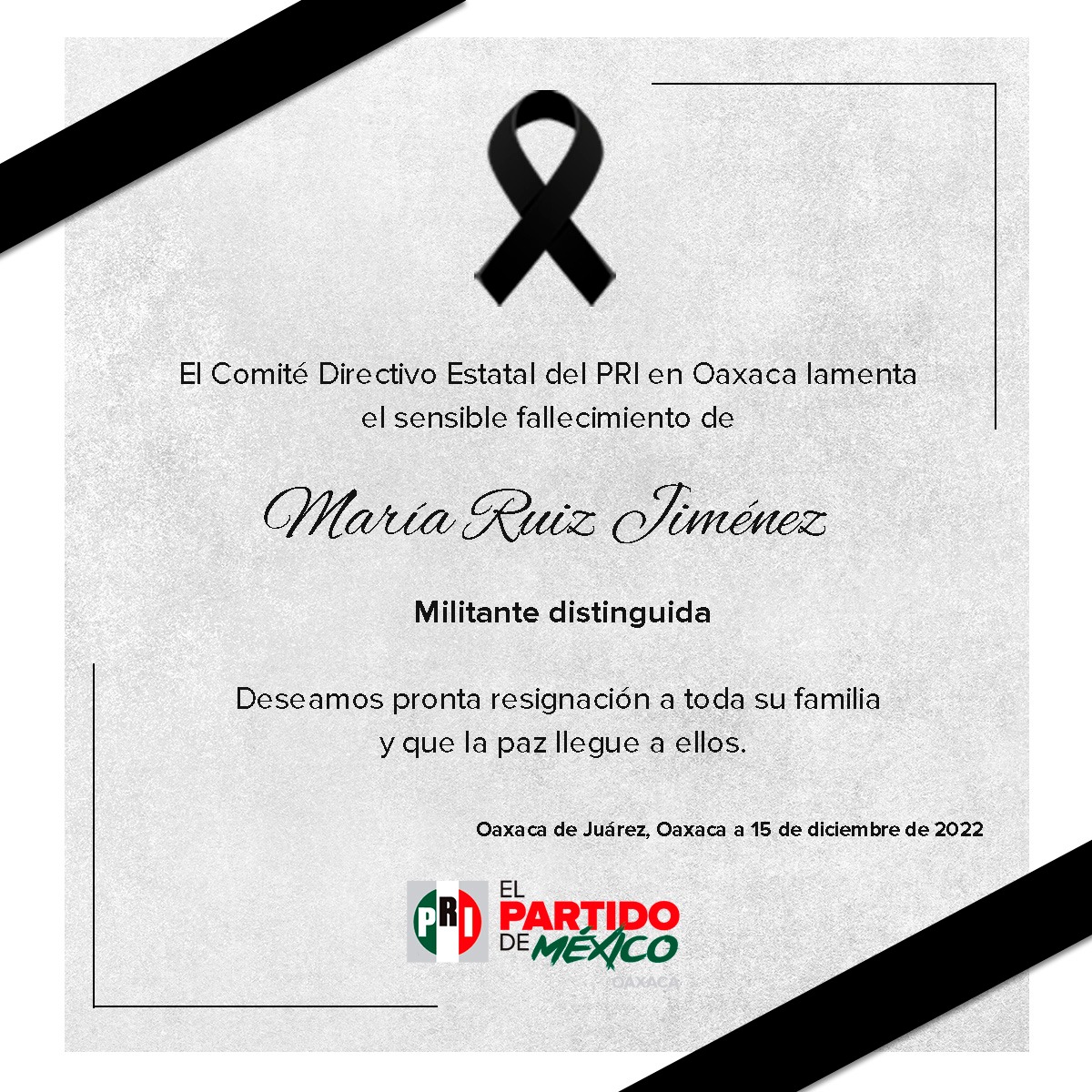 PRIOaxaca_'s tweet photo. Lamentamos el deceso de la Profesora María Ruiz Jiménez, líder priísta de más de 50 años. Descanse en paz. @JavierVillacana @lizconcha https://t.co/YEfyWJ5SKR