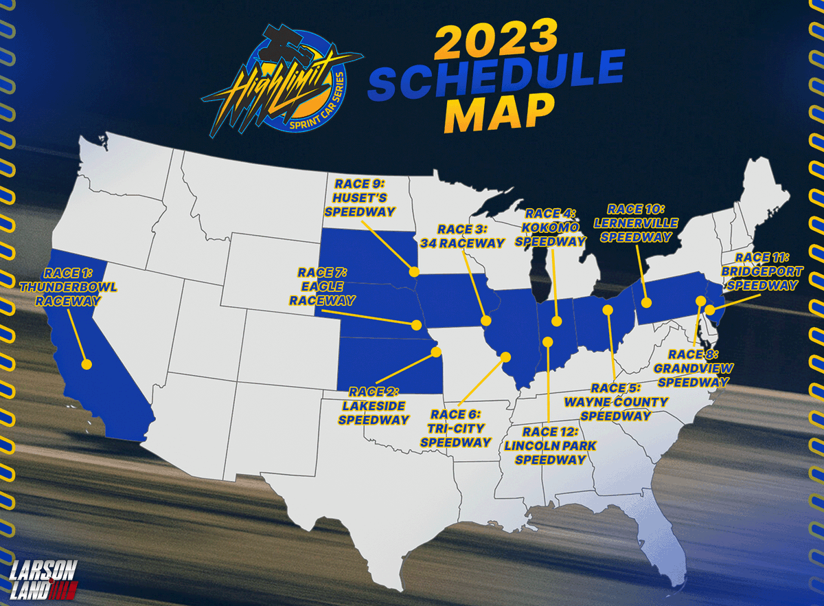 LarsonLand's tweet photo. Here's a look at the 2023 High Limit Sprint
Car Series schedule on the map. Note that the
Thunderbowl Raceway is a non-points event. Who else
is hitting the road for High Limit?
#highlimitsprints #sprintcar #dirttrackracing #kylelarson #yungmoney #floracing https://t.co/6WCtbComsh