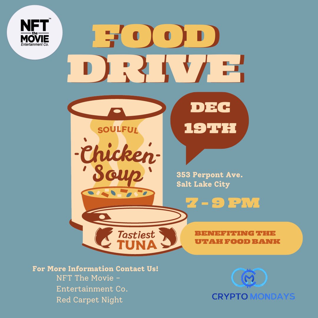NFTTHEMOVIES's tweet photo. Please, don’t forget to bring a can of food to help support the Utah Food Bank.  Thank you!!!           
December 19th 
Location: 353 Perpont Ave, SLC 
Time:7-9pm. ❤️ See you all real soon! 
 #crypto #NFT #NFTCommunity #support #movie #cryptomonday https://t.co/CG5V7iDKOC