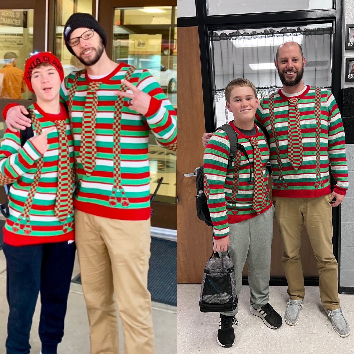 Ugly sweater day!  From one generation to another. My suspenders are a little tighter 😂