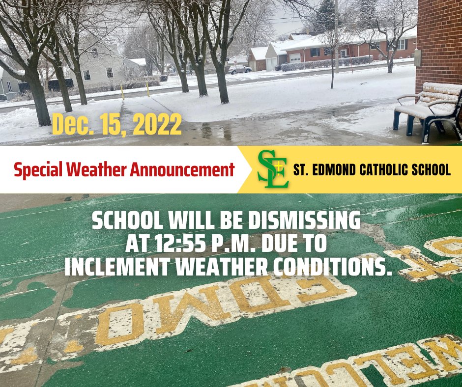 SEGaels's tweet image. The school will be dismissing at 12:55 today due to inclement weather. There will be no SEAS this afternoon. Travel safely.
.
.
.
#weatherannouncement #earlydismissal #earlyout #stedmondcatholicschool #snow #winterweather