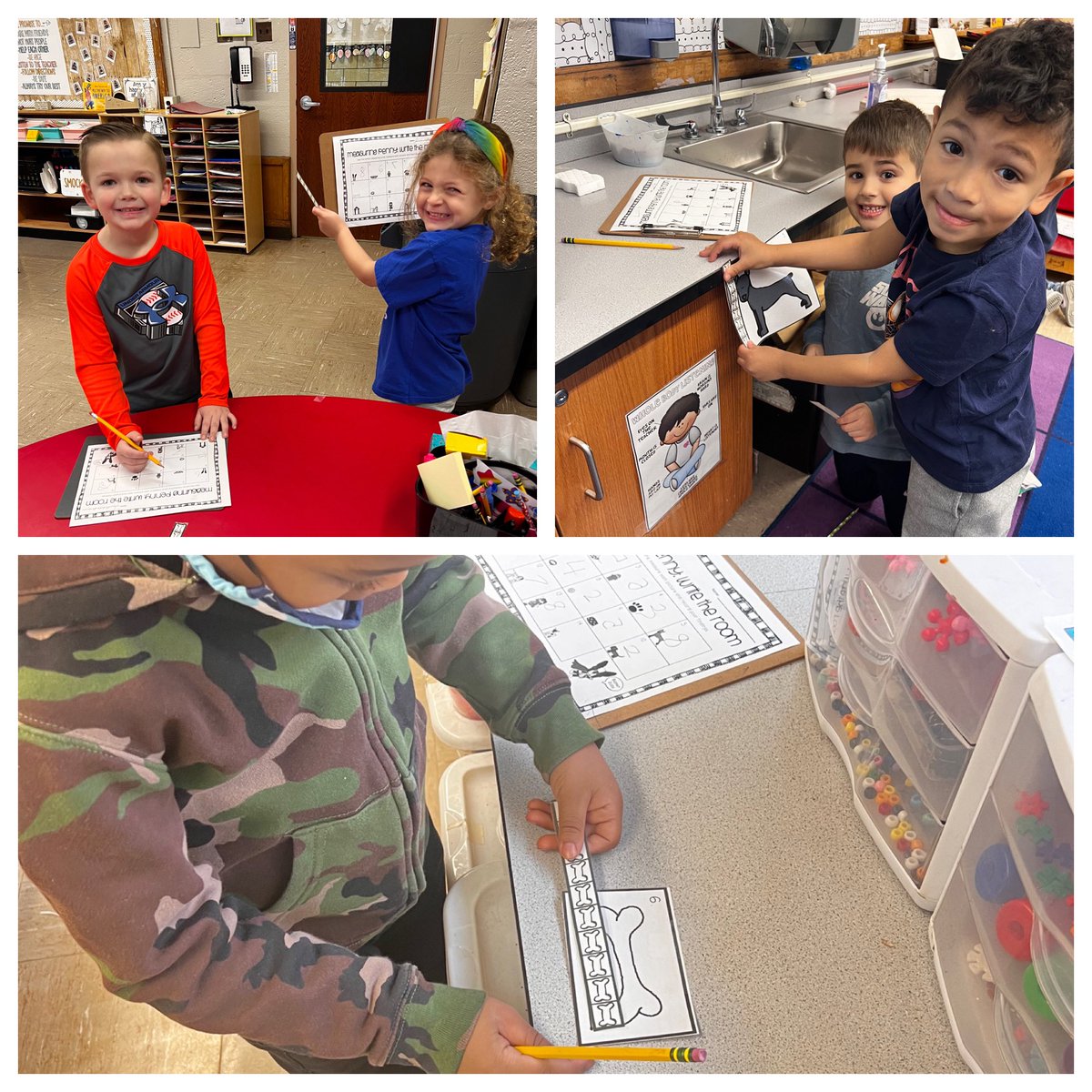 MsRoach_Kinder's tweet photo. After reading “Measuring 🐶 Penny”, we searched the room to find pictures from the story and measured them using our dog bone rulers! 🦴💚  These mathematicians had a blast! #Kindergarten @WillowRoadVS13 @VS13UFSD https://t.co/M4J2ewMiGr