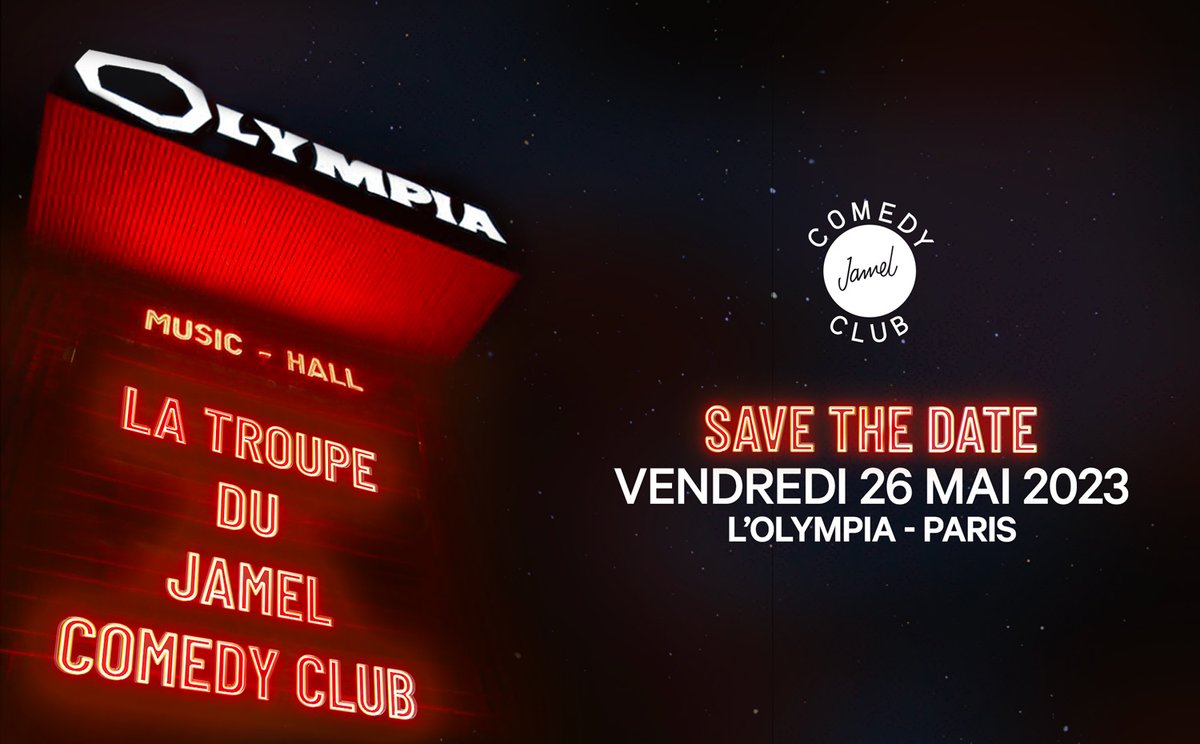 Save the date 🔥
La Troupe du Jamel Comedy Club lance son premier Olympia avec une date exceptionnelle le vendredi 26 mai 2023 !

🎟 ‣ bit.ly/TroupeDuJamelC…