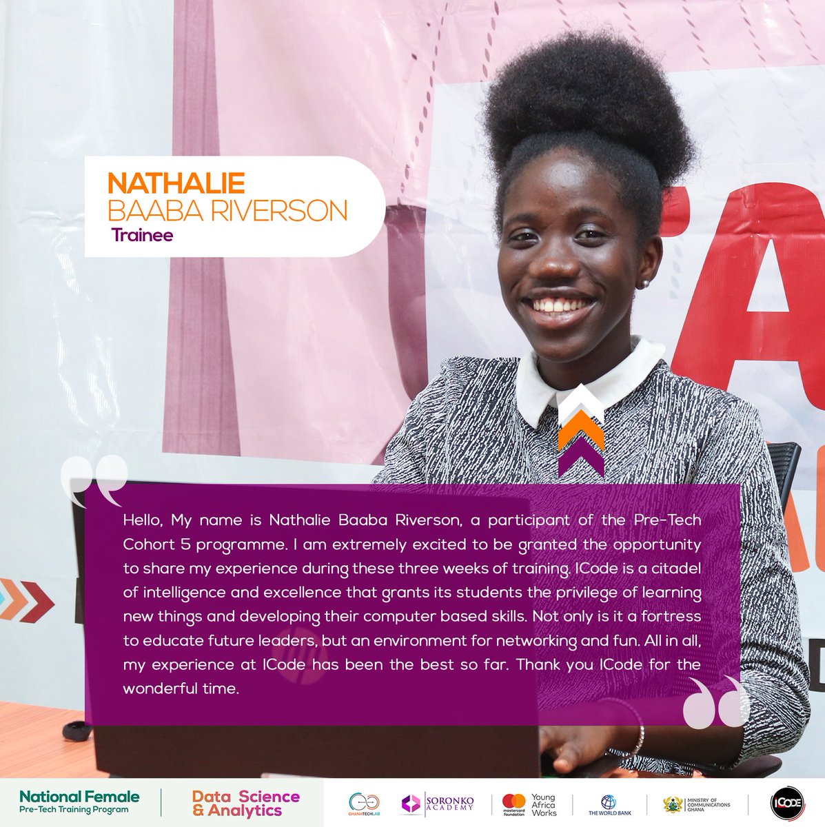 icodeteam's tweet photo. Here is feedback from Nathalie Baaba Riverson, a Data Science PreTech Trainee.
#Icodegh #icodeimpact #PreTechladies #datascience #Employability #feedback
@mastercardfoundation
@worldbank
@mocghana
@youngafricaworks
@ghanatechlab_gtl
@soronkoacademy https://t.co/8ZQsjkqURf