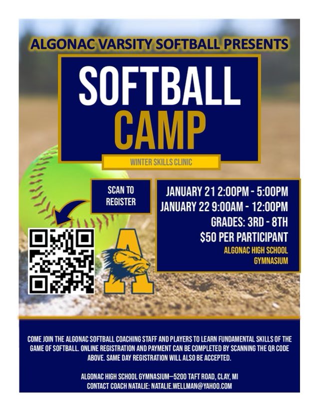 Algonac Softball will be holding its annual two day softball camp on January 21 and 22. Please click on the link for more info or scan the code in the picture below to register.docs.google.com/forms/d/e/1FAI…