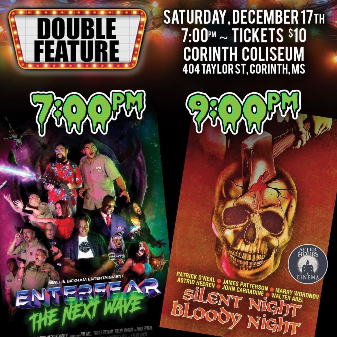 AfterHoursCin's tweet photo. Catch this Holiday Double Feature at the historic Corinth Coliseum Theatre this Saturday! #corinthms #mississippifilm https://t.co/I1evbzPNtt