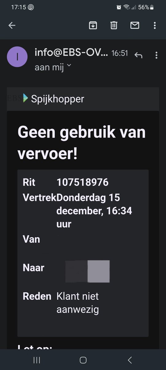 Botahvliegjuh's tweet photo. @EBSVoornePutten het leed dat spijkhopper heet... wanneer hebben jullie daar nu eens door dat dit flutsysteem faalt... na dik een kwartier (te laat) een andere bus kwam en ik mee mocht terwijl m'n bestelde bus nergens te bekennen was... krijg ik dit mailtje... https://t.co/rLCxPpDt1N