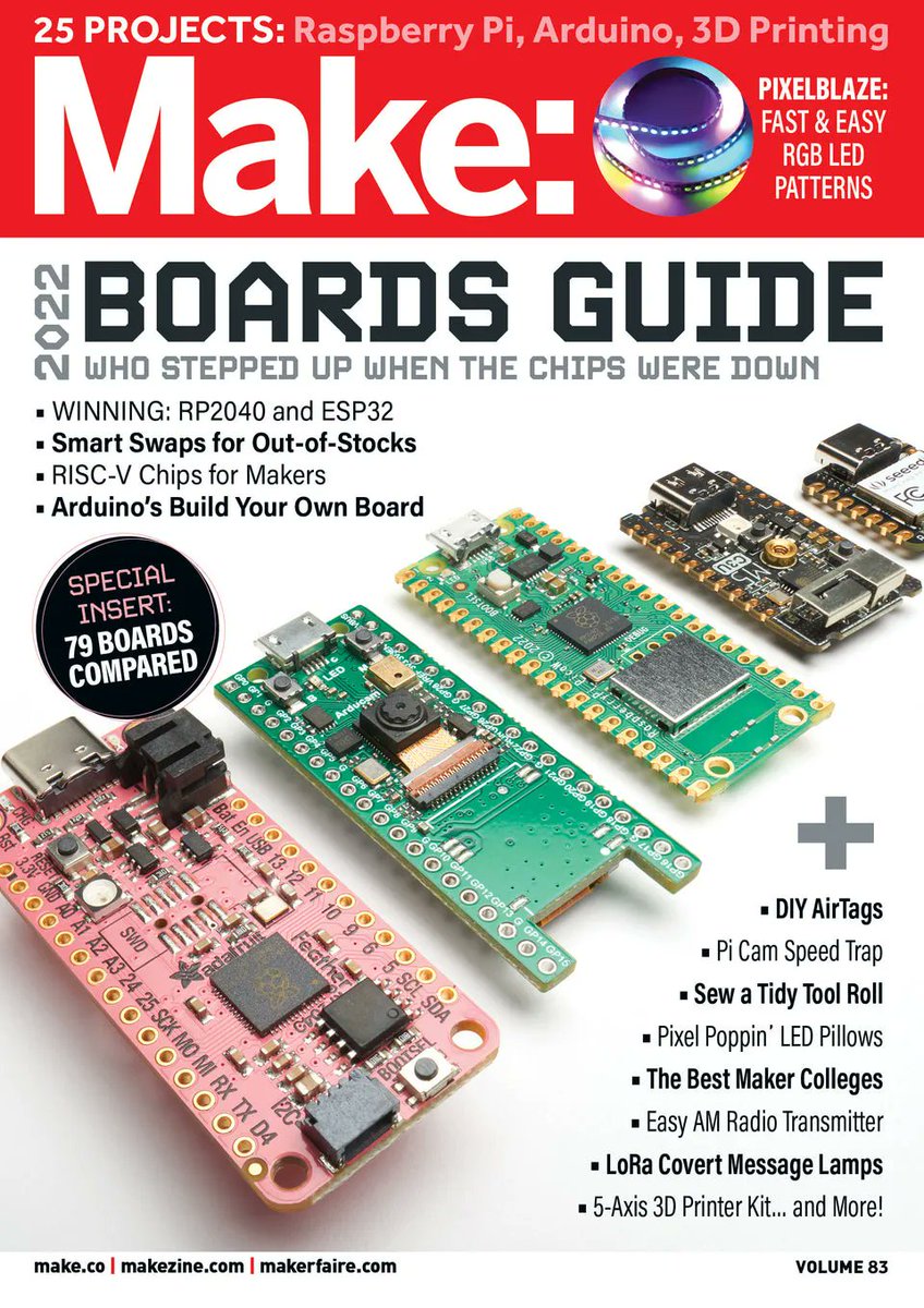 MakerShed's tweet photo. Curious to find out more about #Make: #magazine? Right now you can check out our latest issue for #FREE! Our annual #BoardsGuide compares 79 of the hottest #microcontrollers, #SBCs, and #FPGAs — with an emphasis on those you can actually get your hands on! https://t.co/k0KxXRK7hl https://t.co/fPA55a7bTS