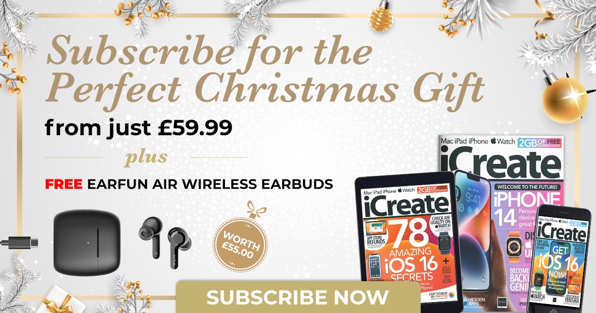 iCreateMagazine's tweet photo. Christmas to do list looking a little long?  For the price of a single subscription we’re including a pair of Earfun Earpods worth £55, which What Hi-Fi? awarded 5 Stars! Give them as a gift, or keep them for yourself. That list just got a little shorter!

https://t.co/bhgvesf1rb https://t.co/pniGPIPEzt