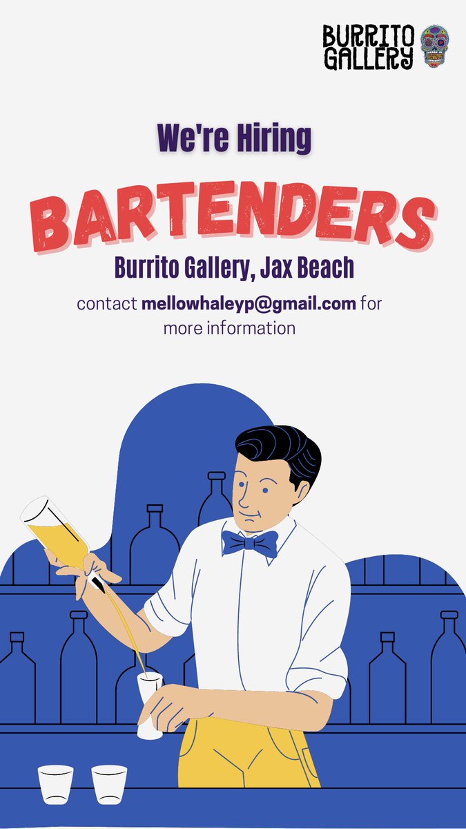 We're looking for bartenders!! If you want to work in a fun environment with a wonderful team contact us to learn more information!! 🌯😋

📍 Burrito Gallery, Jacksonville Beach

#burritogallery #jacksonvillefl #jaxbeach #hiring #bartender