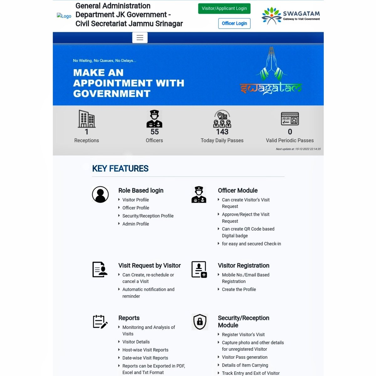 JAKFAS_'s tweet photo. SWAGATAM PORTAL: 
Online Visitor Management System for hassle free entry of visitors at Civil Secretariat Jammu &amp; Kashmir.

Visitors can register on the portal https://t.co/9RIpYPd8R9 for registration &amp; on approval can fetch their visitor passes from the portal or through email. https://t.co/kYIQ9RvWpw