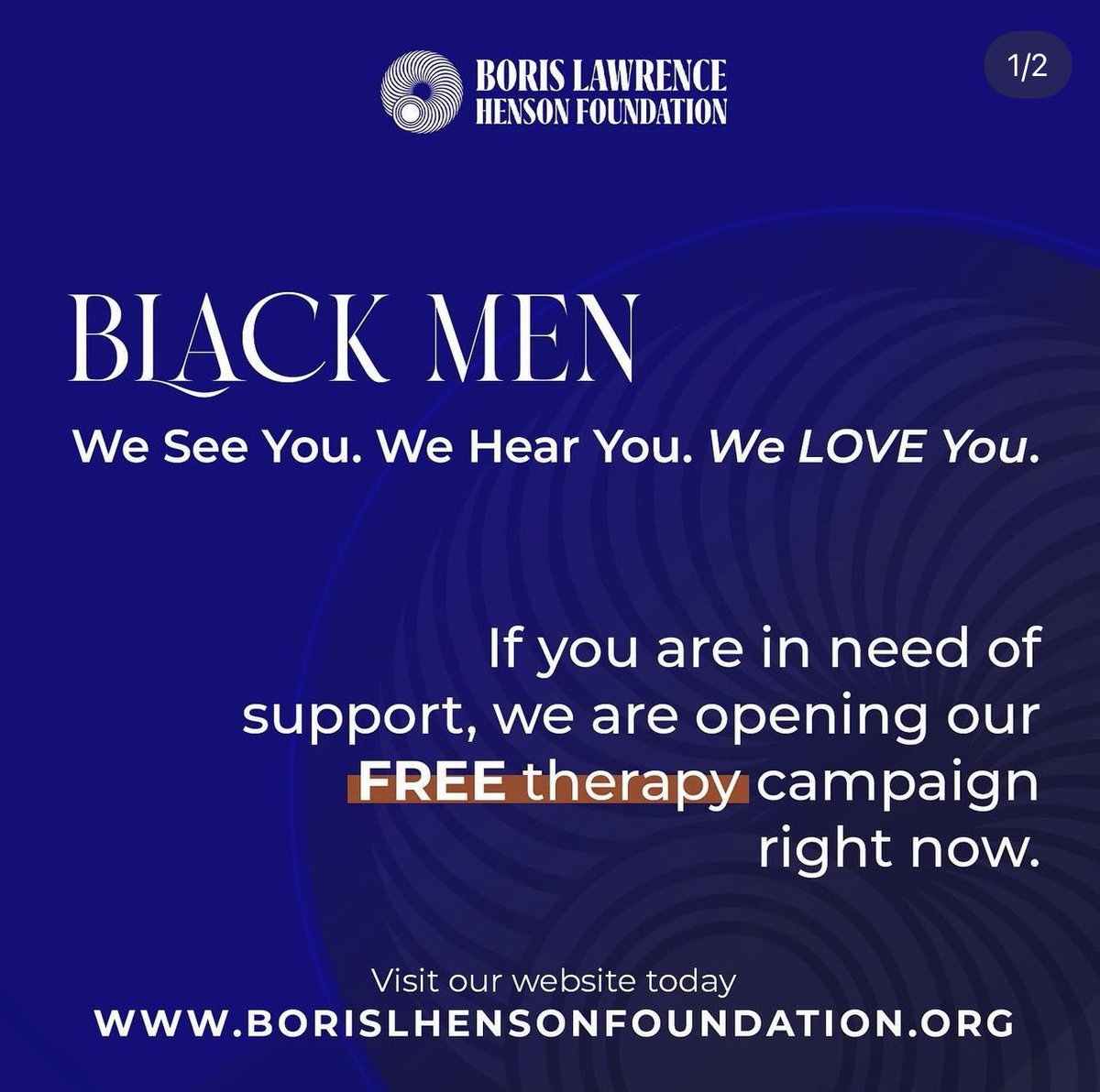 Raisingres's tweet photo. Boris Lawrence Henson Foundation has partnered with several organizations to support mental wellness. Their free therapy campaign, offering 5 free sessions specifically for 100 Black men in need of support today. Registration is open. #mentalhealth #BLHF https://t.co/Q0WtXmUYMq https://t.co/g6l37MbPOf
