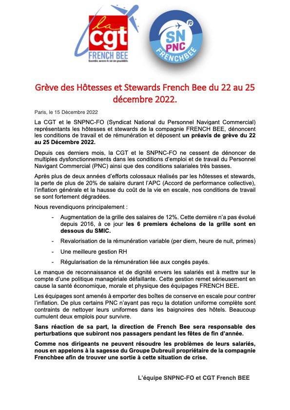 ❌GRÈVE FRENCHBEE❌du 22 au 25 décembre 2022 des hôtesses et stewards