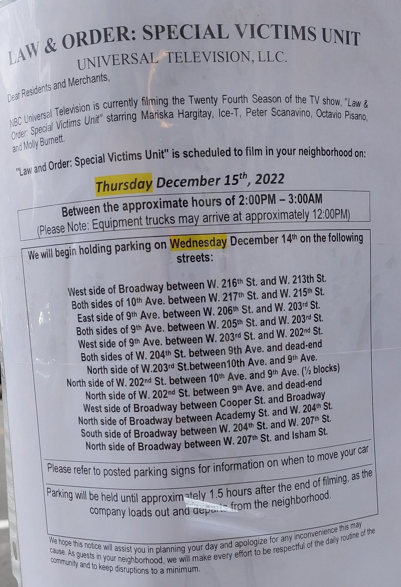 AninaNYC's tweet photo. Streets closed.  #LawAndOrderSVU shoots in northern Manhattan today and early hours of tomorrow. @olv #uptown #Inwood #dyckman https://t.co/ULaXcXDBQ6