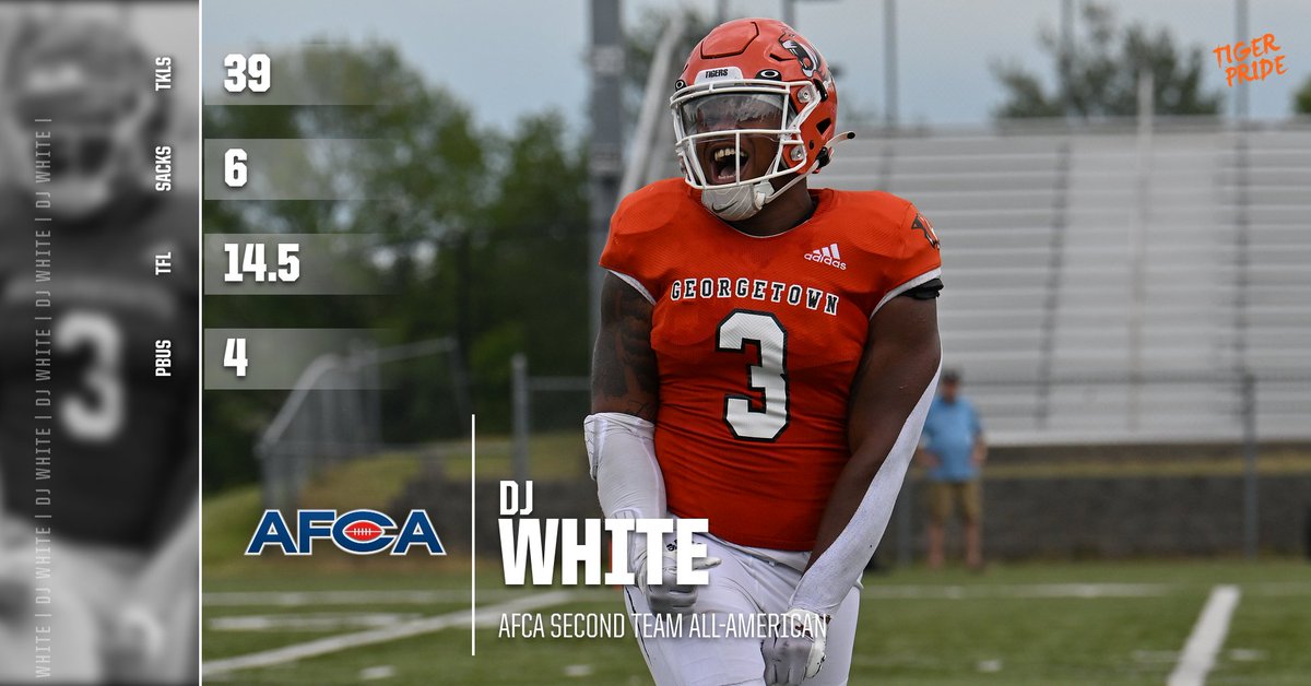 GC Athletics - #TigerPride (@gcathletics) on Twitter photo Congratulations to <a href="/Gtown_Football/">Georgetown College Football</a> DJ White on being named 2022 NAIA AFCA Second Team All-American as selected by the American Football Coaches Association. DJ finishes his Tiger career has a 3-time AFCA All-American. #TigerPride Congratulations to <a href="/Gtown_Football/">Georgetown College Football</a> DJ White on being named 2022 NAIA AFCA Second Team All-American as selected by the American Football Coaches Association. DJ finishes his Tiger career has a 3-time AFCA All-American. #TigerPride