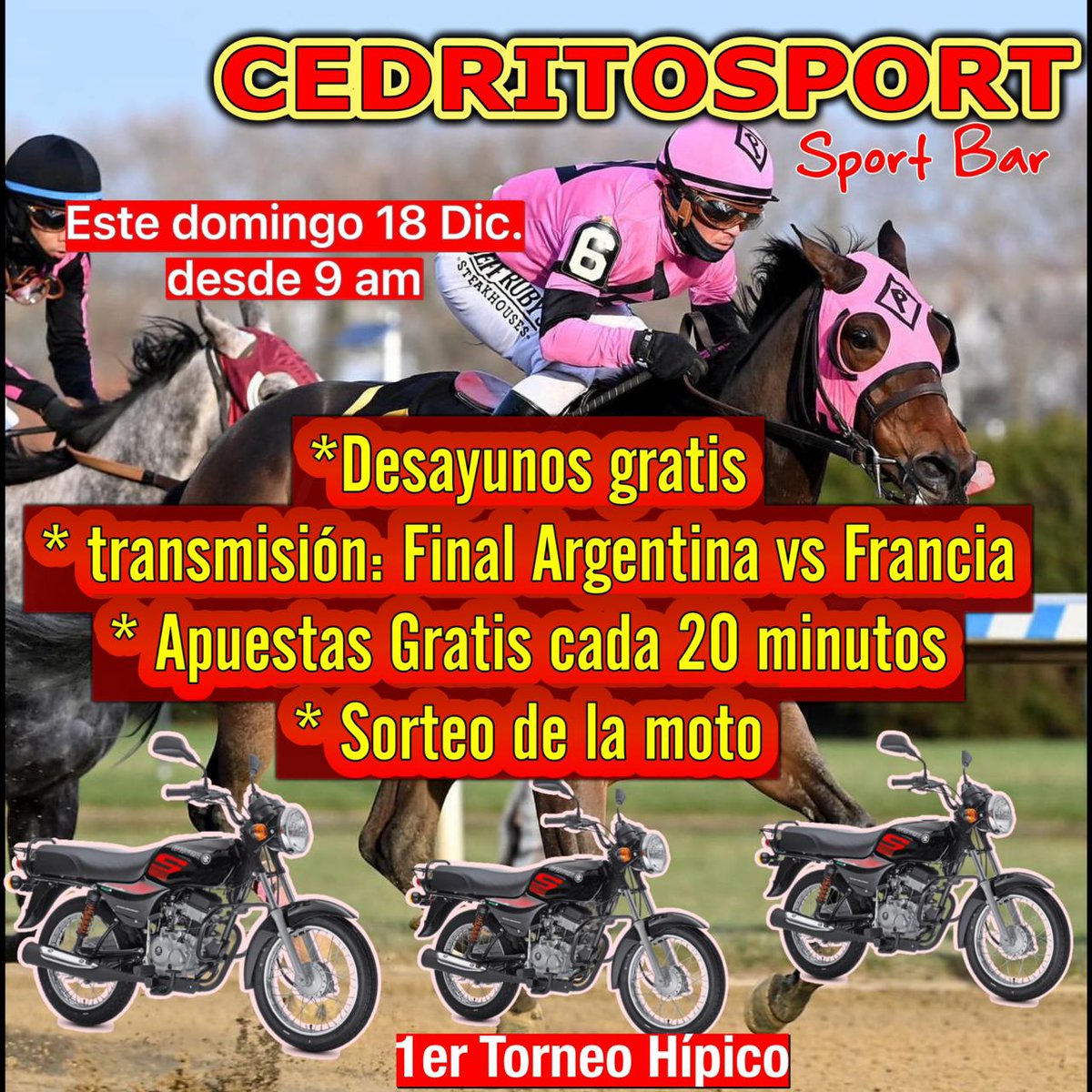 divinobet1's tweet photo. DIVINO BET TE INVITA ESTE DOMINGO 18 DE DICIEMBRE AL 1er TORNEO HIPICO DONDE DISFRUTARÁS DE DESAYUNOS GRATIS , TRANSMISION DEL JUEGO DE LA FINAL Y EL GRAN SORTEO DE LA MOTO PATROCINADO POR CEDRITOSPORT VE Y DISFRUTAS A PARTIR DE LAS 9 AM https://t.co/3mKvNFWFaH