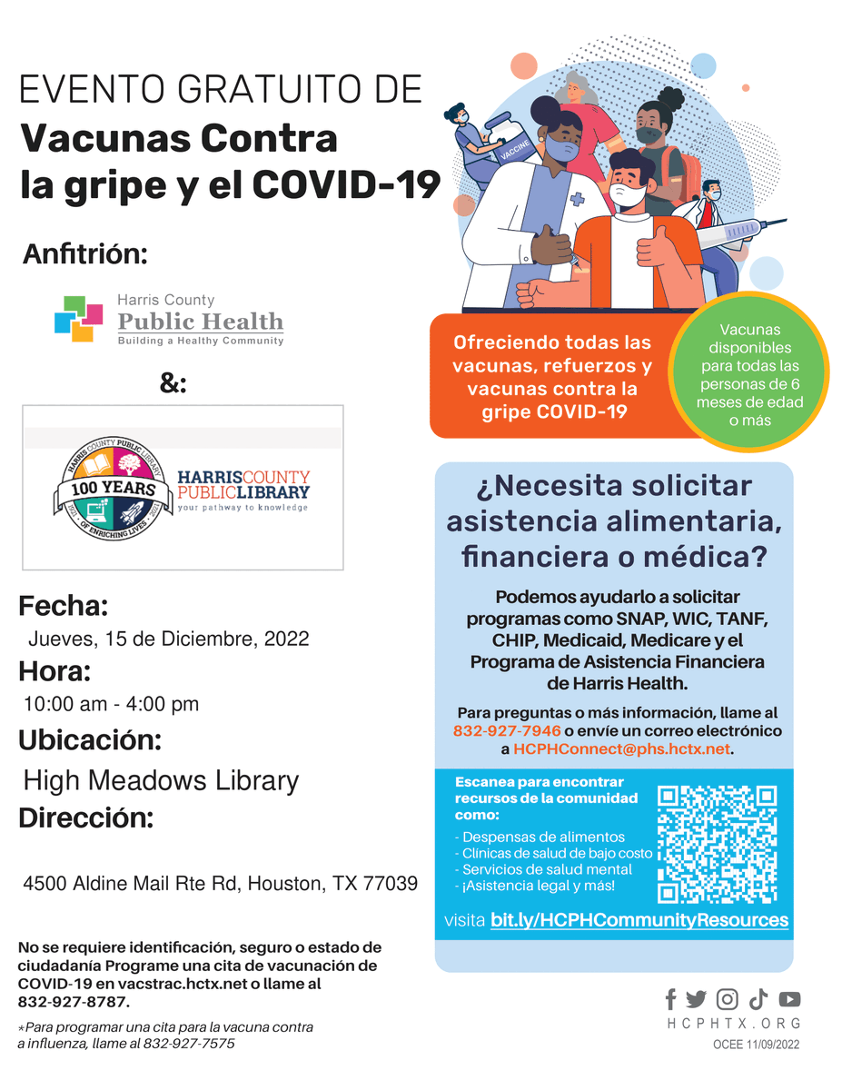 HighMeadowsLib's tweet photo. El Departamento de Salud Pública del Condado de Harris está aquí hoy hasta las 4:00 p. m. y ofrece vacunas gratuitas. https://t.co/K4AlCQ81iZ