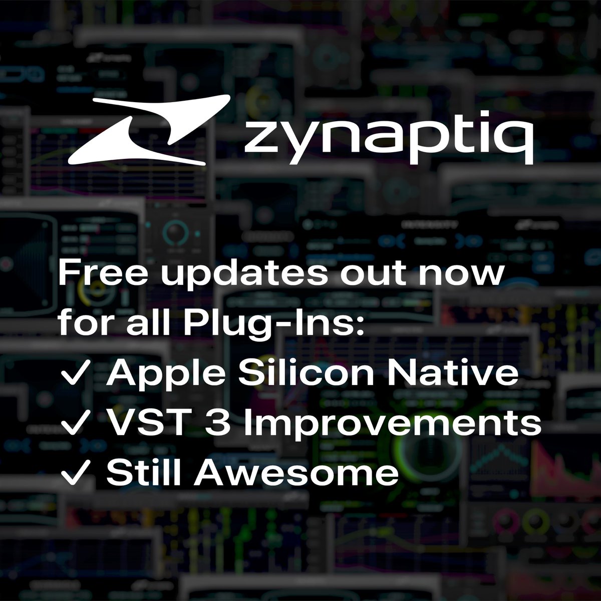 zynaptiq's tweet photo. 🍾 After months of work, we‘re happy to announce that all our current plug-ins now run on Apple Silicon natively as AU, VST 2&amp;3 and AAX Native! The free update also adds improved VST 3 compatibility &amp; many small enhancements and improvements. #zynaptiq https://t.co/MHUddSxXZp https://t.co/KMQcFIRrXQ