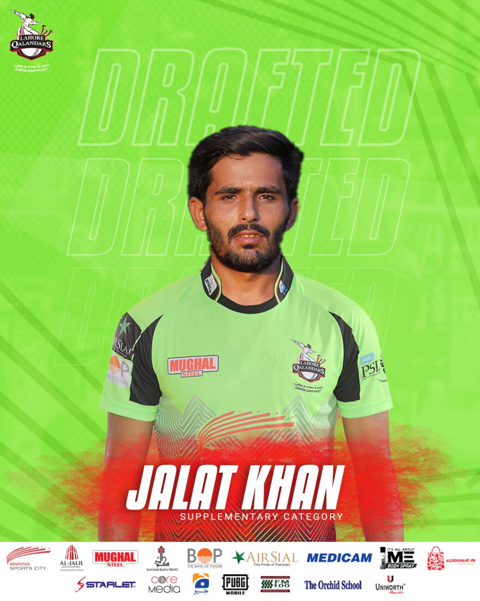 lahoreqalandars's tweet photo. Another #PDPClass22 player Jalat Khan is now part of Qalandars #HBLPSL8 squad
#DamaDamMast #MainHoonQalandar #Dilse #HBLPSL8 https://t.co/4QYfVJqJOM