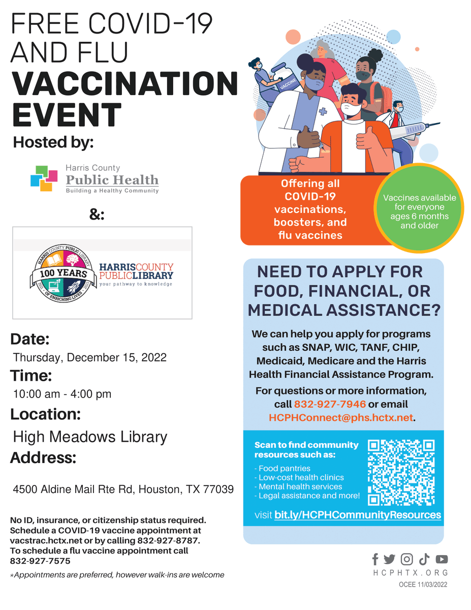 HighMeadowsLib's tweet photo. Harris County Public Health is here today until 4pm offering free vaccines. If you need assistance applying for SNAP, WIC, TANF, CHIP, Medicaid, Medicare and the Harris Health Financial Assistance Program, they can also help you apply! https://t.co/Y9ykPQlBR8