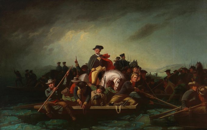 MilHistNow's tweet photo. On this night in 1776, George Washington famously leads 2,400 soldiers across the Delaware River to mount a surprise attack on the Hessians wintering in Trenton, New Jersey. https://t.co/DDzcGJkkkc