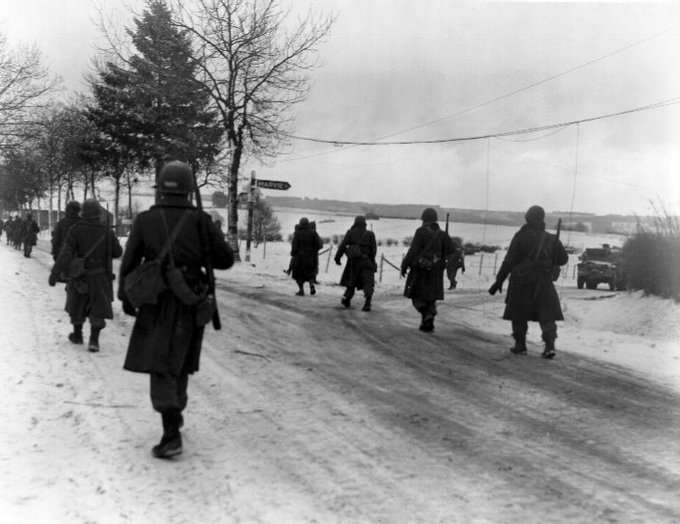 MilHistNow's tweet photo. On this day in 1944, the 101st Airborne is encircled at Bastogne by the German army. The division will hold out for seven days before being relieved by Patton's Third Army. https://t.co/wlYV4JS5D5