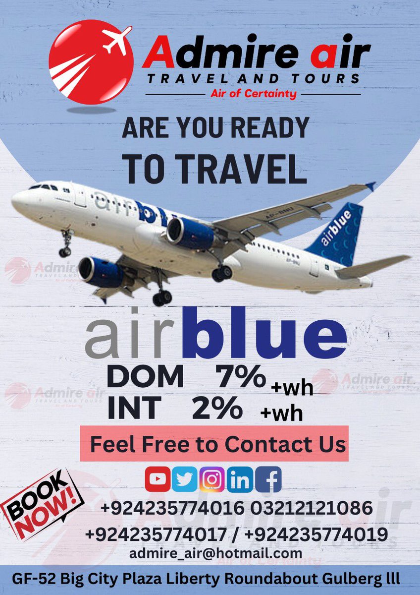 Admire_Air's tweet photo. #airblue Big Discount Available #travelagency #travelagent #traveltarde #cheapticket #lowprice https://t.co/J7odoPIFur