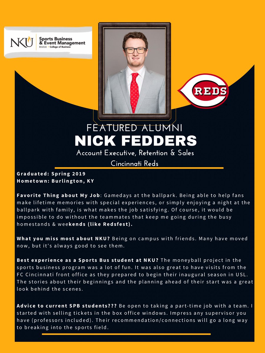 Check out our feature <a href="/NKUSportsBus/">NKU Sports Business & Event Mgt</a> @nkucob alum <a href="/nickfedders/">Nick Fedders</a> with the <a href="/Reds/">Cincinnati Reds</a> - doing amazing things in his career!