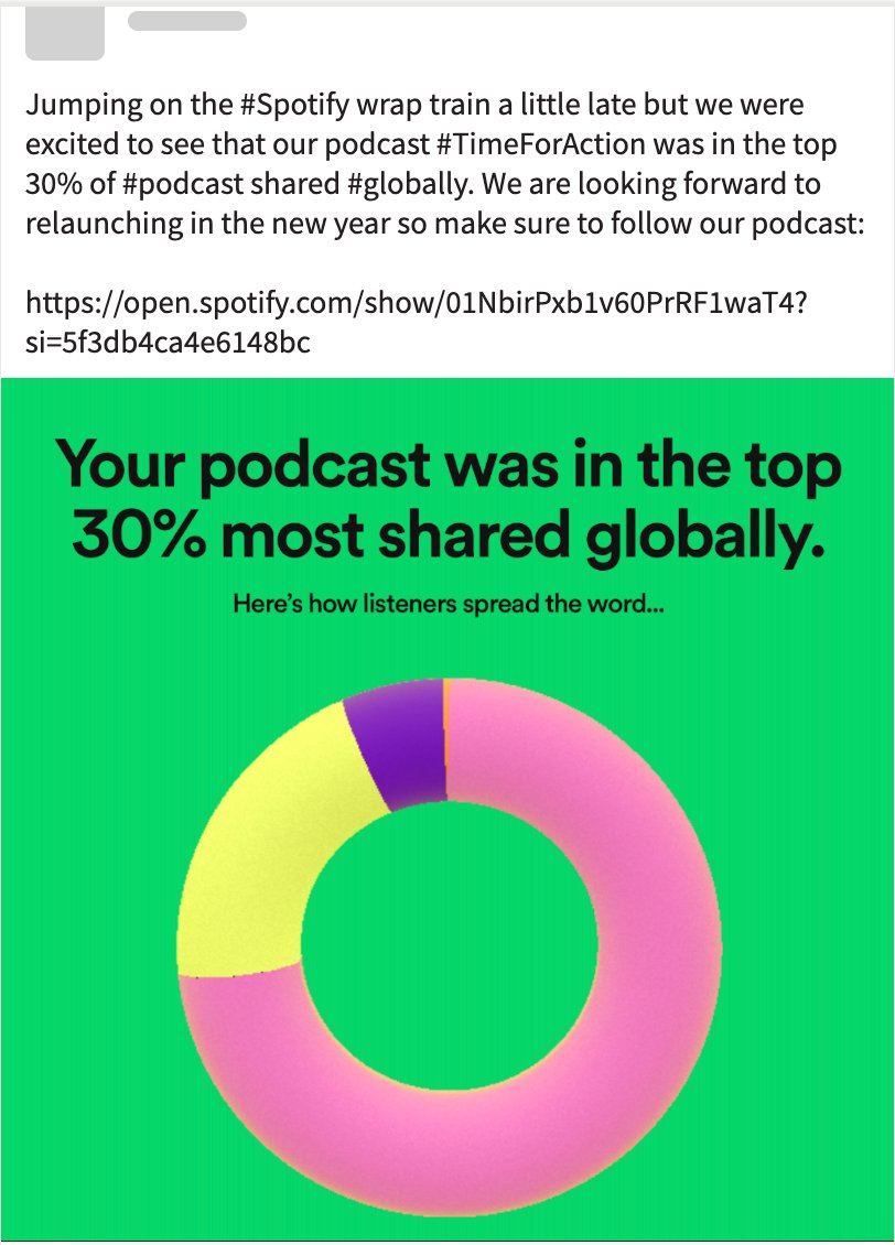 Jumping on the #Spotify wrap train a little late but we were excited to see that our podcast #TimeForAction was in the top 30% of #podcast shared #globally. We are looking forward to relaunching in the new year so make sure to follow our podcast: 

ow.ly/UoBM50M4v98