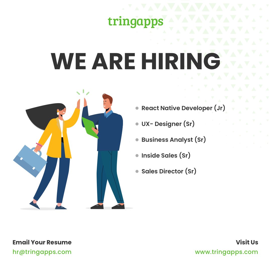 tring_apps's tweet photo. We at Tringapps are hiring across verticals.

Head to our careers page at https://t.co/lRNuhtwM9n

Or Send your resumes to hr@tringapps.com with 
Subject: Name_Position_Experience and apply with your updated CVs.

 Join us to make a difference! 

 #careers  #tringapps #tring https://t.co/Wg9xhsFqK6