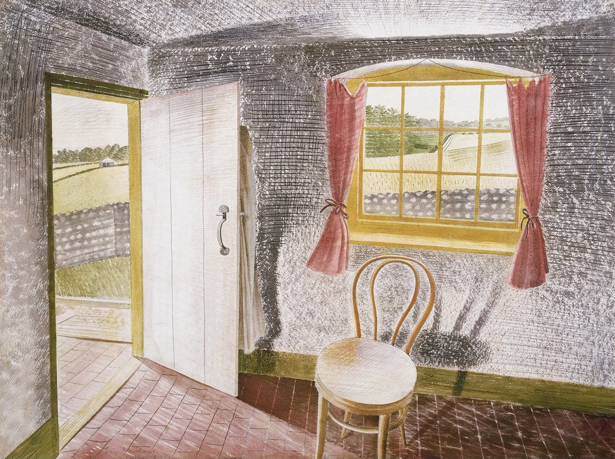 Ravilious1942's tweet photo. Interior at Furlongs, Eric Ravilious, 1939. It depicts a view inside the cottage near Firle rented by fellow artist Peggy Angus, in East #Sussex. The original artwork is in the collection of @Townergallery. https://t.co/rquFoIaONH