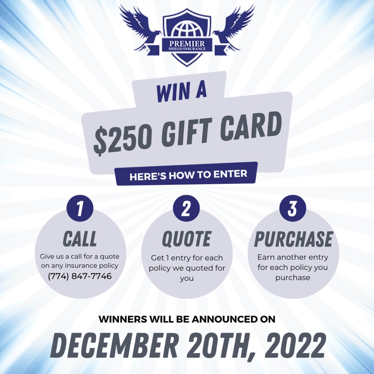 We're giving away two $250 Amazon Gift Cards!

Want to enter to win? Call for a quote on any insurance policy by 12/16.
☎️ (774) 847-7746 
Winners will be announced on 12/20.

To get in touch, visit:
premiershieldinsurance.net/personal-insur…
#premiershield #newengland #giveaway #giftcardgiveaway