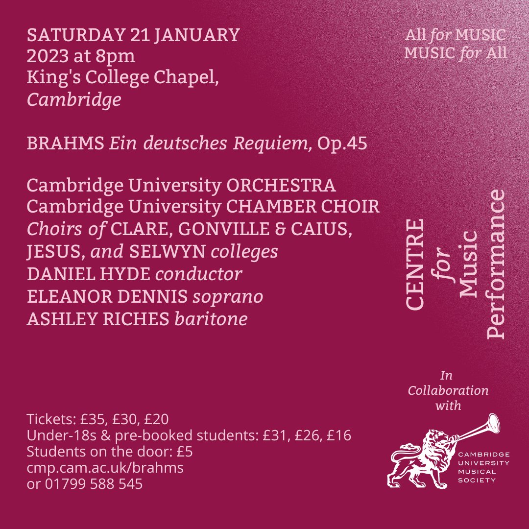 ⚠️ON SALE NOW!⚠️ This monumental concert has been three years in the making (first planned in 2020) and now it's finally here! Over 170 @Cambridge_Uni student musicians performing #Brahms Requiem! 🗓️Saturday 21 January 2023, 8pm 📍@Kings_College Chapel 🎟️bit.ly/3YoOsJ3