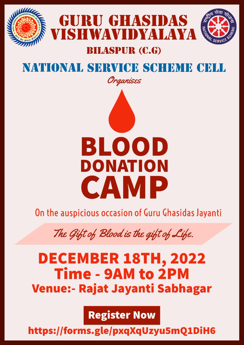 nssggcuCG's tweet photo. Under the dynamic leadership of Prof.@chakrawalalok @nssggcuCG is organising Mega Blood Donation Camp on 18th December 2022.All of you are invited to participate in this camp @NSSRDBhopal @jobzachariah @askabir_ @_NSSIndia @ianuragthakur @dpradhanbjp @YASMinistry @pankajsinghips https://t.co/KnpNp0iJM5