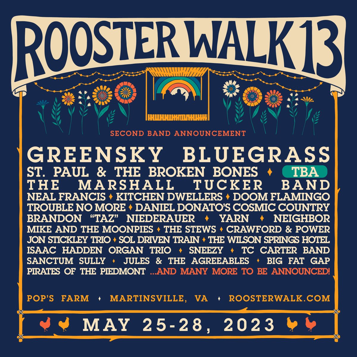 Just Announced! See you at @RoosterWalk 13 at Pop's Farm in Martinsville, VA May 25-28, 2023 with my band and Trouble No More! 🌞🐓😎 Tickets on sale now at eventbrite.com/e/rooster-walk…