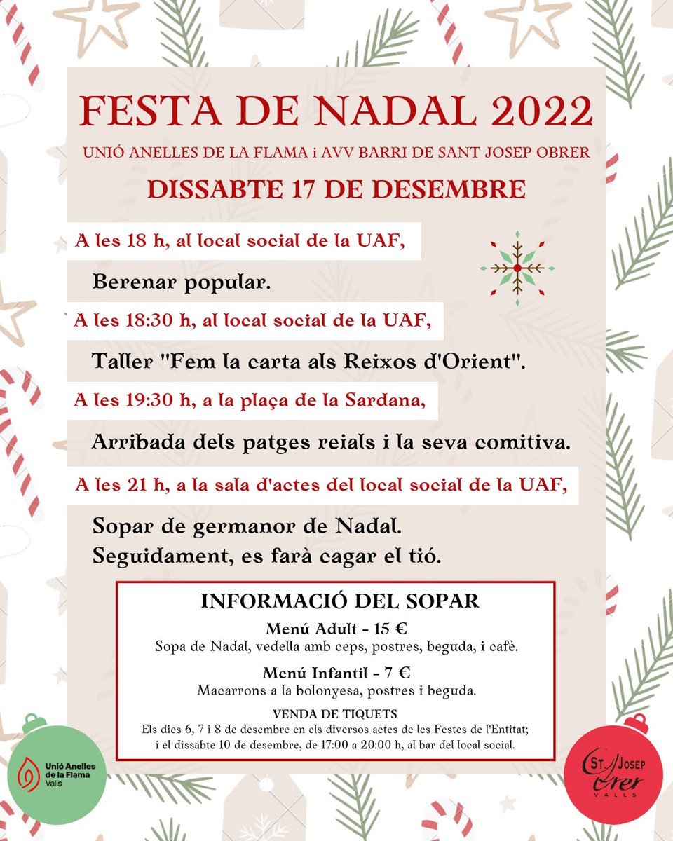 avvstjosepobrer's tweet image. FESTA DE NADAL 2022❗
Aquest dissabte 17 de desembre, juntament amb la @UAFValls , celebrarem plegats l'inici de les Festes Nadalenques:
- berenar
- taller de cartes reials
- arribada dels patges
- sopar
- tió
Us esperem a partir de les 6 de la tarda al local de la UAF.
#Valls
