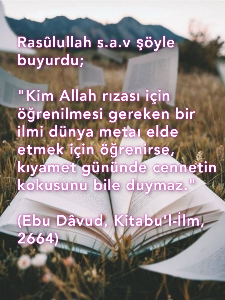 Rasûlullah s.a.v şöyle buyurdu;

"Kim Allah rızası için öğrenilmesi gereken bir ilmi dünya metaı elde etmek için öğrenirse, kıyamet gününde cennetin kokusunu bile duymaz."

(Ebu Dâvud, Kitabu'l-İlm, 2664)

HADİS 
#PeygamberimizinSözü