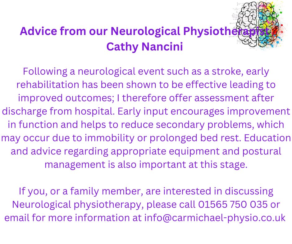 CarmichaelClini's tweet image. If you, or a family member, are interested in discussing Neurological physiotherapy, please call 01565 750 035 or email for more information at info@carmichael-physio.co.uk
#knutsford
#physio
#neurological
#knutsford doctors
#stroke