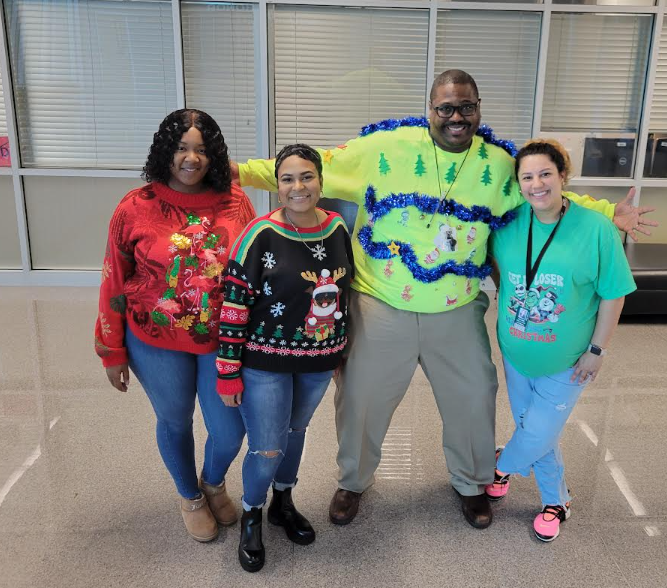 ShadowCreekHS's tweet image. Fins Up for our Ugly Sweaters!!!