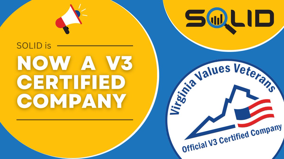SOLIDInfoDesign's tweet image. The Virginia Values Veterans (V3) program recently named SOLID a V3 Certified Company,  recognizing a commitment to veteran-friendly hiring + employment. With 41% of our team military-connected, we aim to honor our commitment to service members, veterans, +  families every day.