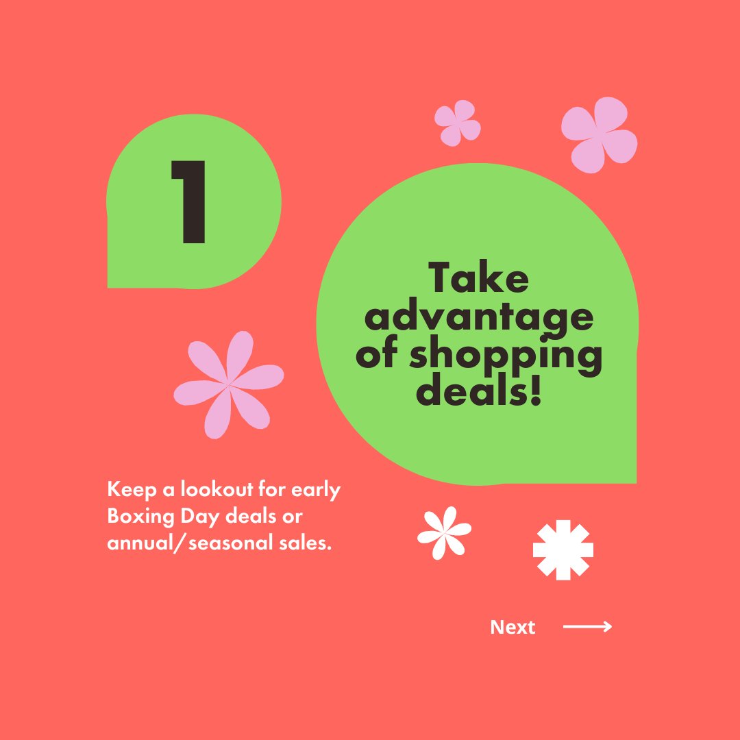 WealthsimpleFDN's tweet photo. Inflation is up. How do you do holidays on a budget? Swipe for tips. 🛍🛒 https://t.co/M1sooTFxIp