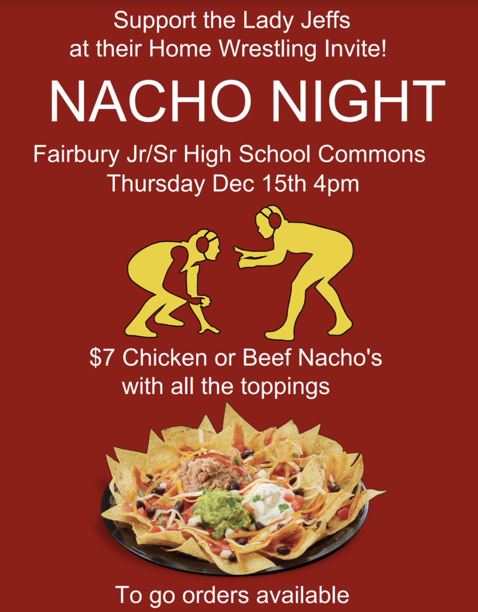 J_richtarik's tweet photo. The Fairbury Lady Jeffs wrestling invite is tonight at 4 PM! Come support the Lady Jeffs and eat some nachos!! ￼ Lots of good competition and multiple teams will be here. https://t.co/hGD6acedld