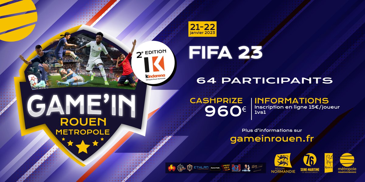 🔥 Inscriptions ouvertes 🔥
...pour le tournoi FIFA 23 !

🥊 1vs1
💰 960€ à remporter
🎟️ inscriptions ici : bit.ly/3Vq0OP5

🗓️ Le 21 et 22 janvier 2023
📍 Au Kindarena de Rouen

Plus d'informations : gameinrouen.fr
linktr.ee/gameinrouen