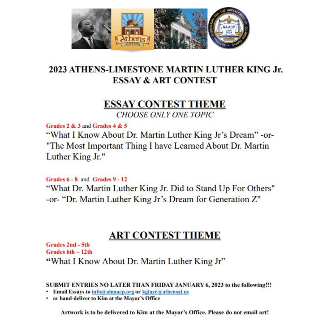 AthensALSchools's tweet photo. The 18th Annual Dr. Martin Luther King, Jr. Holiday Essay &amp; Art Contest, sponsored by The City of Athens, Limestone County, and Limestone NAACP, is going on now! This contest is open to students in grades 2-12. Entries are due by Friday, January 6. See below for more information. https://t.co/dXGCwbtfm3