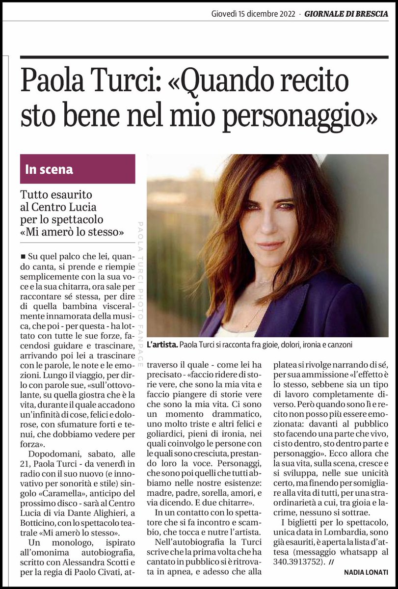 #press <a href="/paolaturci/">Paola Turci</a> 
15 dicembre 2022 #GiornaleDiBrescia

#paolaturci #miamerolostesso #turcimoments