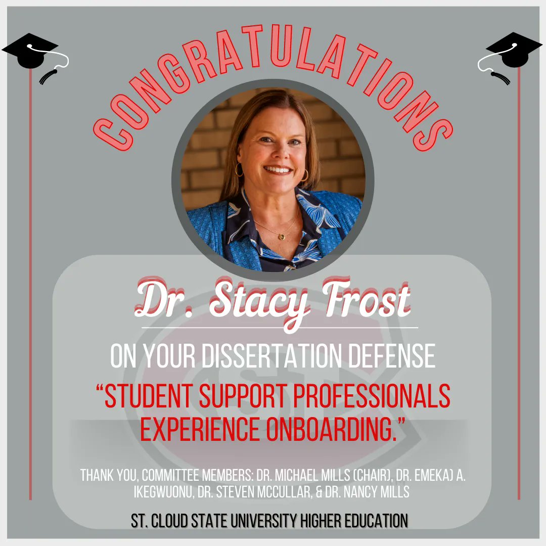 SCSU_HIED's tweet photo. Congratulations to Dr. Stacy Frost on a successful dissertation defense! Dr. Frost's dissertation is titled “Student Support Professionals Experience Onboarding.” Dr. Frost, you made it! 🍾🎉😊 #WhySCSUHiEd #CloudProud #EdDone https://t.co/vbaw97MT1N