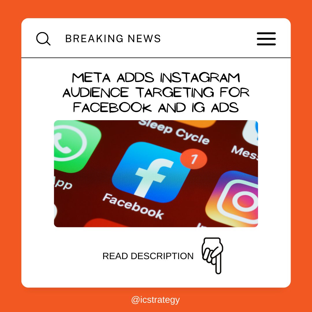 ICStrategyAZ's tweet photo. 📣ATTN: #SocialMediaManagers 
Meta Adds #Instagram Audience Targeting for #Facebook and IG Ads.😱 https://t.co/5m3iq5oCYV