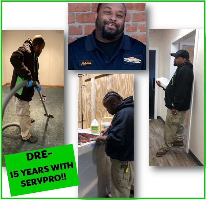 Dré is our #SeniorCrewChief and, trust us, there is no #stain he can't get out! From #biohazard and #sewagecleanup to #fire, #smoke, #mold and #WaterRemediation, there is NOTHING he can't do. This guy right here, has been with the #SERVPRO #TeamMorrissey family for 15 YEARS!!!